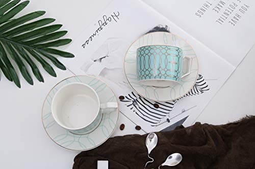Jusalpha Mint Green Tea Cup and Saucer Set for 4 (Blue)