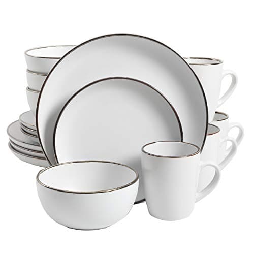Gibson Home Rockaway Round Stoneware Dinnerware Set, Matte Blue (16pcs, Serves 4) — Matte White/Metallic Rim