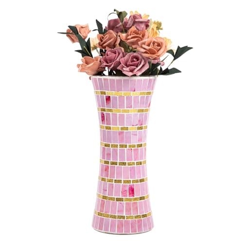 Mosaic Pink Glass Flower Vase, Large Living Room & Kitchen Decor — Pink Golden