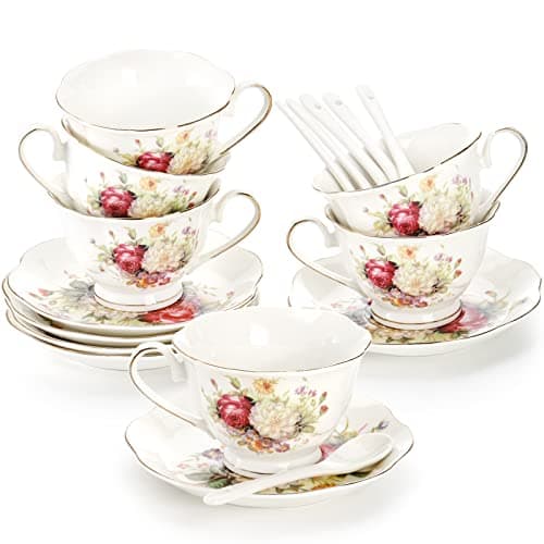 Foraineam 6-Piece Floral Tea Cup Set with Gold Trim
