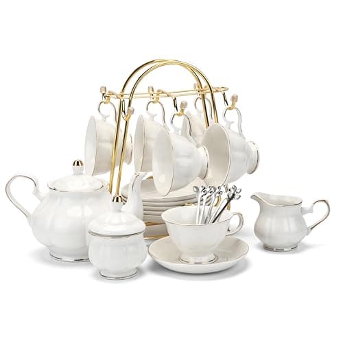 Chenp.HMC 22-Piece Porcelain Coffee Tea Set with Teapot, Cups & Saucers (WHITE3)