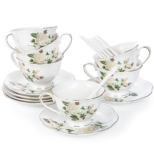 Foraineam Porcelain Ivory Tea Cup and Saucer Set, Gold Trim, 6 Pieces