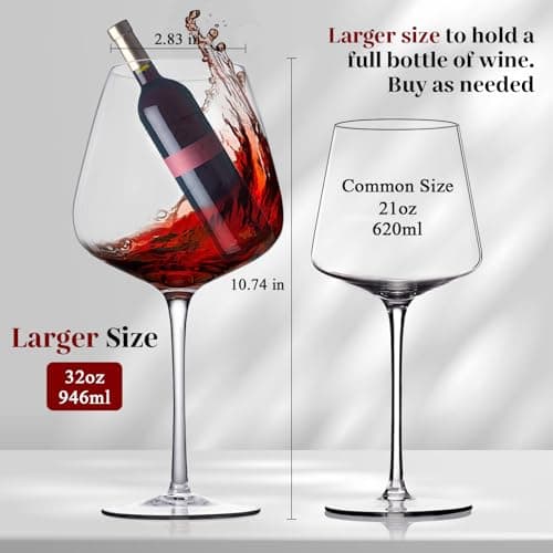 Hand Blown Red 32oz Wine Glasses Set of 4 - Crystal Burgundy Clear, Thin, Mothers Day, Wedding, Birthday