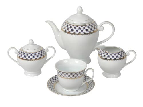 Lorren Home Trends 57-Piece Porcelain Dinnerware Set for 8, Cobalt Blue Lattice Border, Gold