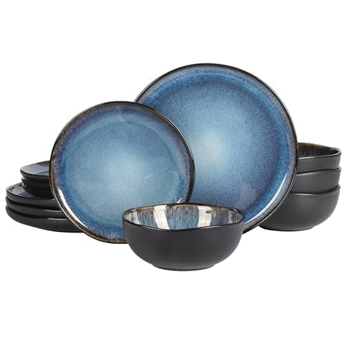 Gibson Elite Soho Lounge Dinnerware Set, Soft Square, Teal, Service for 4 (16pc) — Black/Blue