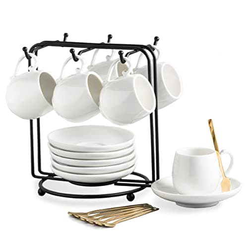 LYEOBOH Black Ceramic Espresso Cup Set with Spoons & Stand, 3 oz Demitasse Mugs — White