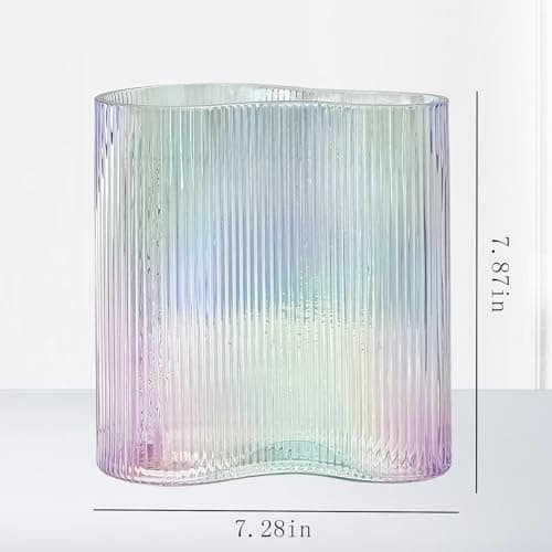 Aoderun Footprint Shape Ribbed Glass Vase for Flowers, Modern Large Vase for Living Room Dining&Coffee Table Kitchen Office Home Shelf Wedding Party Decor (Iridescent Clear)