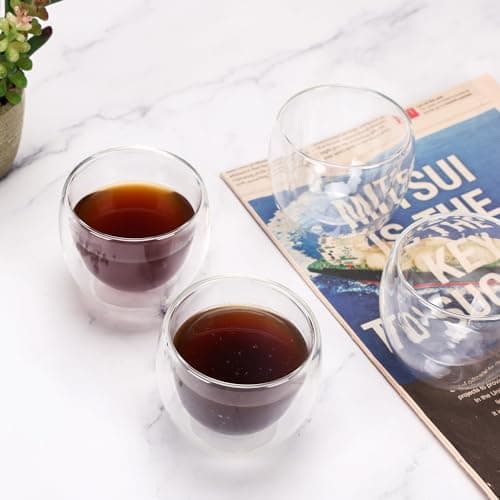 Set of 4 Double Walled Glass Espresso Shot Cups, 2.7 Oz, Dishwasher and Microwave Safe - for Espresso Lovers