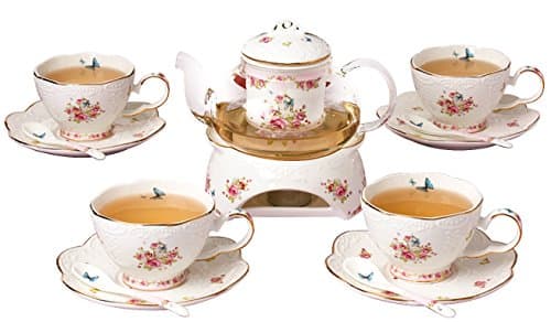 Jusalpha Vintage Porcelain Flower Tea Set & Teapot Warmer, 16pcs (16pcs set)