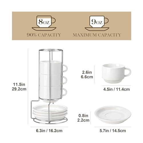 MALACASA White Espresso Cups with Saucers & Metal Stand, Set of 4