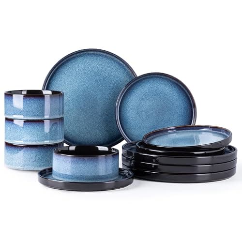LERATIO Blue Ceramic Dinnerware Set for 4, Round Reactive Glaze Plates & Bowls, Chip & Crack Resistant, Dishwasher & Mic