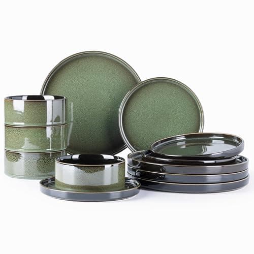 LERATIO Blue Ceramic Dinnerware Set for 4, Round Reactive Glaze Plates & Bowls, Chip & Crack Resistant, Dishwasher & Mic — Reactive-Green