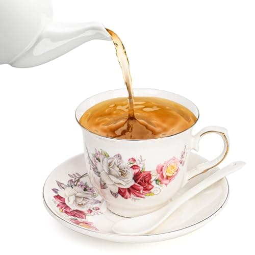 Tea Cup Set with Gold Trim, Set of 6 - 8 Oz Cups and Saucers for Espresso, Latte, and Mocha