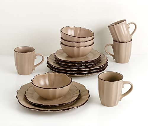 Lorren Home Trends 16-Piece Scalloped Edge Cocoa Dinnerware Set