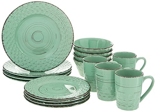 Distressed Weave Dinnerware Set-White — Green