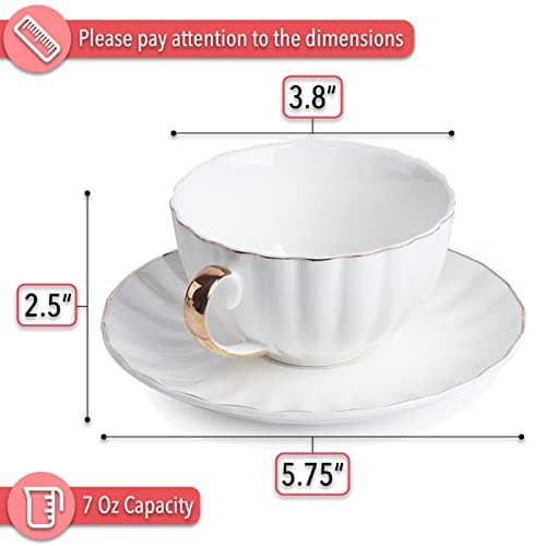 Gold Trimmed British Porcelain Cappuccino Cup Set, 6-Piece White Tea Cups