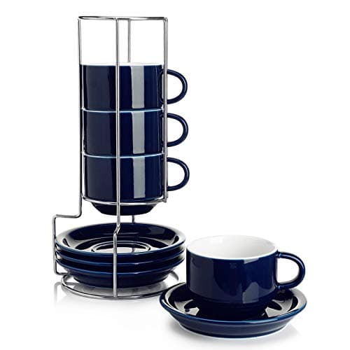 Stackable Cappuccino Cups with Saucers and Stand - Set of 4, White — Navy