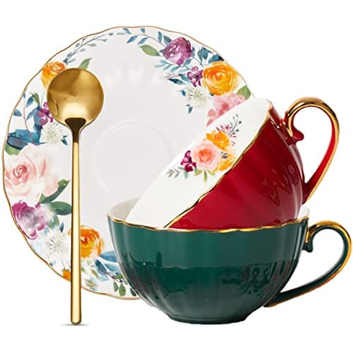 ONEUSTAR 8 Oz Bone China Tea Cup and Saucer Set for Mom Birthday Party Gifts — Red and Green