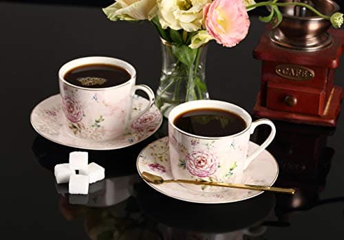 Vintage Peony Flower Design Porcelain Tea Cups and Saucers, Set of 2 - 7 Ounce (220ml) - 4 Pieces
