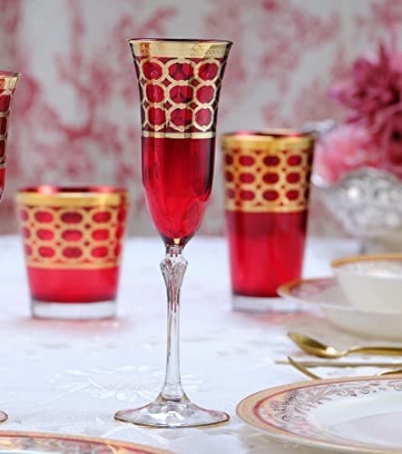Lorren Home Trends Deep Red Champagne Flutes with Gold Rings, Set of 4