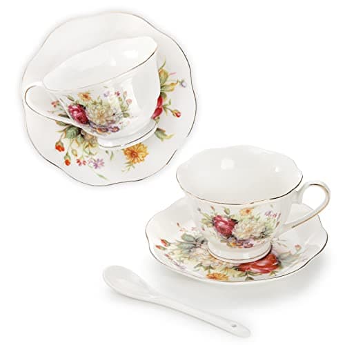 Foraineam 6-Piece Floral Tea Cup Set with Gold Trim