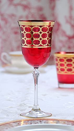 Lorren Home Deep Red White Wine Goblet with Gold Rings, Set of 4