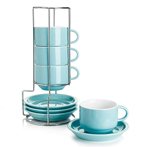Stackable Cappuccino Cups with Saucers and Stand - Set of 4, White — Turquoise