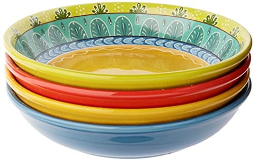 4-Piece Valencia Soup and Pasta Bowls Set, 38 oz, Multicolor Ceramic, Hand-Painted Inspired Patterns, Microwave Safe