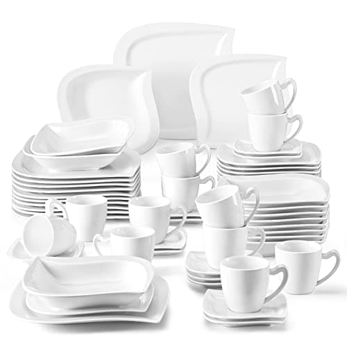 MALACASA 12-Piece Marble Grey Dinnerware Set for 4 - Square Plates and Bowls for Dessert, Salad, and Soup — ELVIRA - White