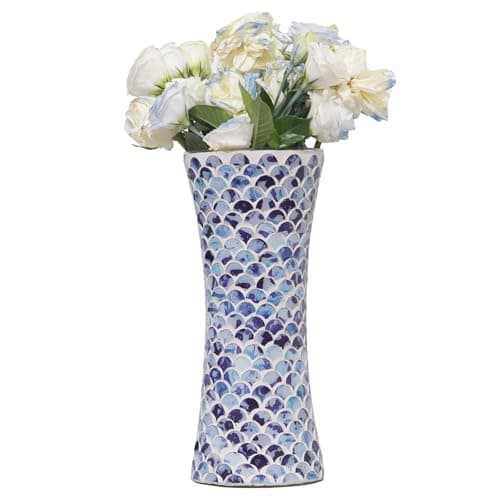 Mosaic Pink Glass Flower Vase, Large Living Room & Kitchen Decor — Blue White