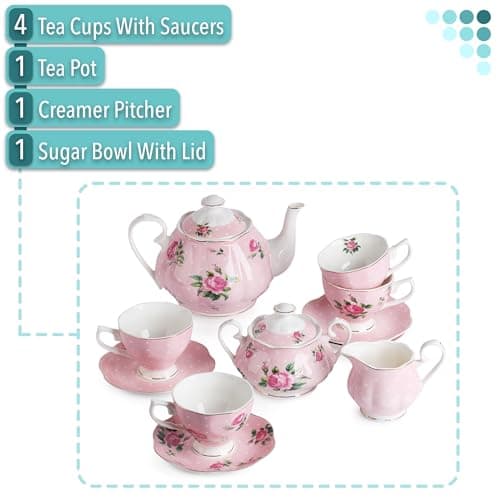 BTaT Floral Tea Set, 8oz Cups & 38oz Pot, Gift Box, China Sets