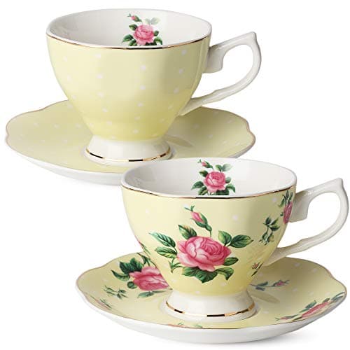 Floral Tea Cups and Saucers Set, Porcelain with Gold Trim, 8oz — Yellow