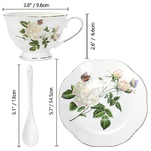 Foraineam Porcelain Ivory Tea Cup and Saucer Set, Gold Trim, 6 Pieces