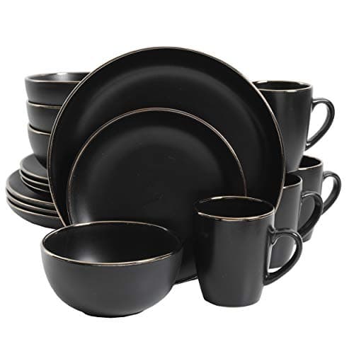 Gibson Home Rockaway Round Stoneware Dinnerware Set, Matte Blue (16pcs, Serves 4) — Black/Gold Rim