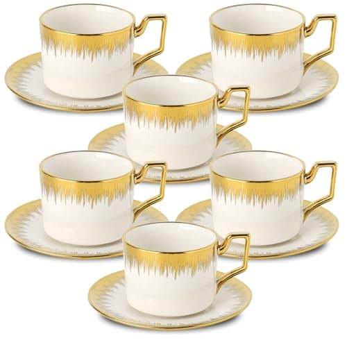 LETAOTAO 7 oz Porcelain Cappuccino Cups Set with Saucers - 6 Tea and Coffee Cups with Gold Trim — white and gold
