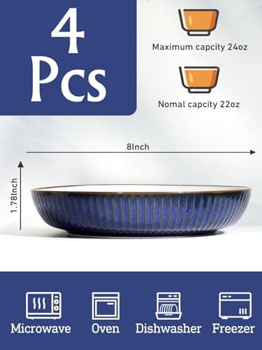 Mikasa Blue Ceramic Pasta Bowls Set of 4 8 Inch Salad & Serving
