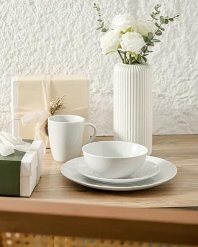 Ceramic Dinnerware Set for 4, White, Dishwasher & Microwave Safe