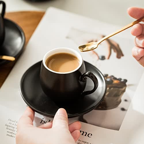 LYEOBOH Black Ceramic Espresso Cup Set with Spoons & Stand, 3 oz Demitasse Mugs