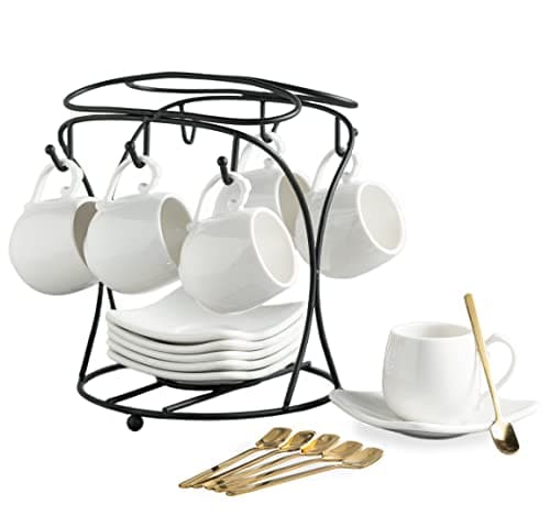 LYEOBOH Black Ceramic Espresso Cup Set with Spoons & Stand, 3 oz Demitasse Mugs — A-White