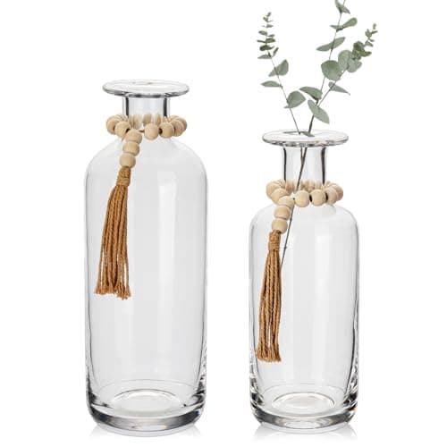 Clear Glass Vase Set - 2PCS Farmhouse Vases with Wood Beads — 10"/8.5"