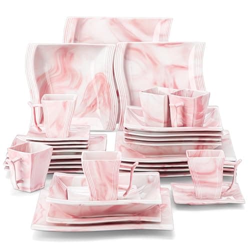 MALACASA Ivory White 30-Piece Porcelain Dinnerware Sets for 6 Microwave and Dishwasher Safe Modern Kitchen Dishware Sets Series Flora — Pink