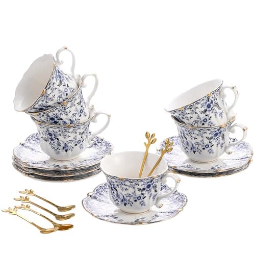 TATSUMI Country Roses 18-Piece Bone China Tea Cup & Saucer Set — Blue