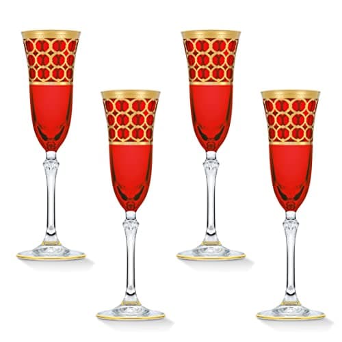 Lorren Home Trends Deep Red Champagne Flutes with Gold Rings, Set of 4