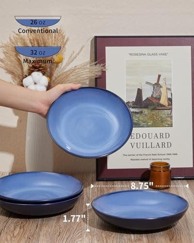 Light Blue 32 Oz Ceramic Pasta Bowl Set, Microwave & Dishwasher Safe