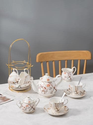 Jusalpha Fine China Bird Tree Pattern 4-Piece Coffee/Tea Set with Teapot, Sugar Bowl, Cream Pitcher & Teaspoons