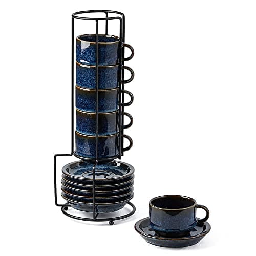 Stackable Espresso Cups Set with Saucers and Stand, 4 oz, Set of 4 — Reactive Glaze Blue