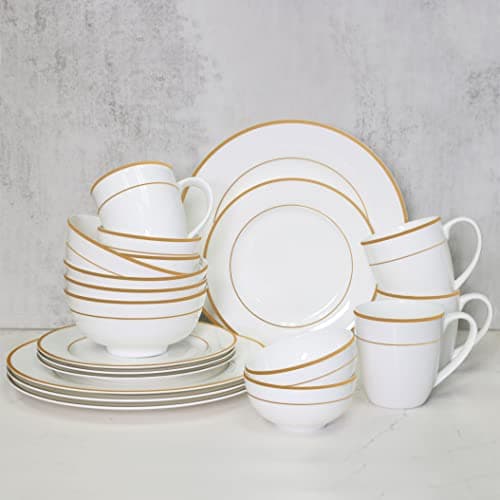 Bone China 20PC Dinner Set, Service for 4, Double Gold Rim, White, Microwave Safe