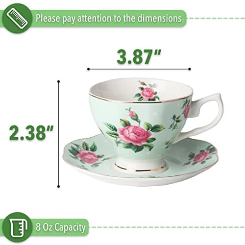 Floral Tea Cups and Saucers Set, Porcelain with Gold Trim, 8oz