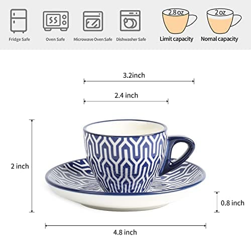 Selamica Ceramic 2 oz Espresso Cups, Vintage Blue Saucers, Porcelain Latte Set of 6