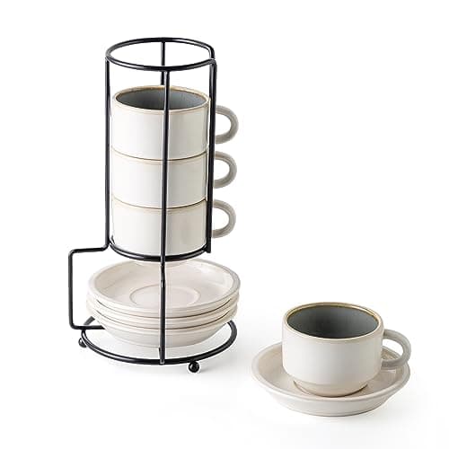 Stackable Espresso Cups Set with Saucers and Stand, 4 oz, Set of 4